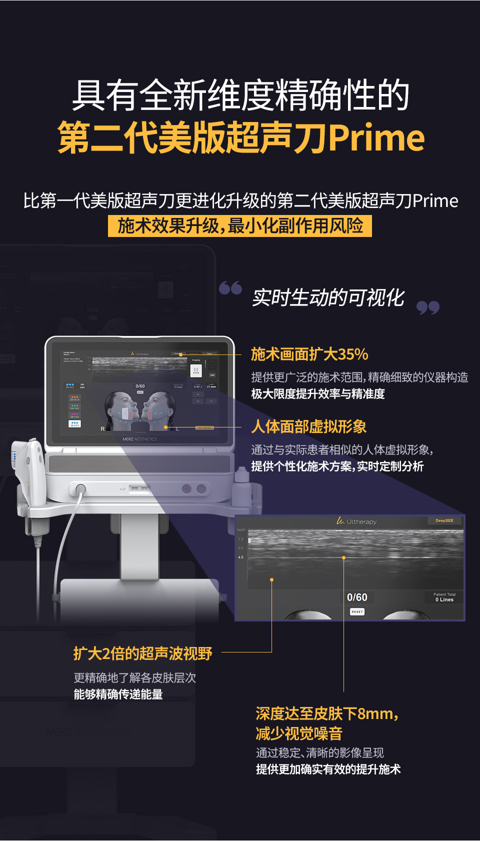 韩国id皮肤科的Ulthera Prime具备更大实时操作界面、最高可视深度8mm及清晰超声图像，优化面部提拉治疗方案与安全性。