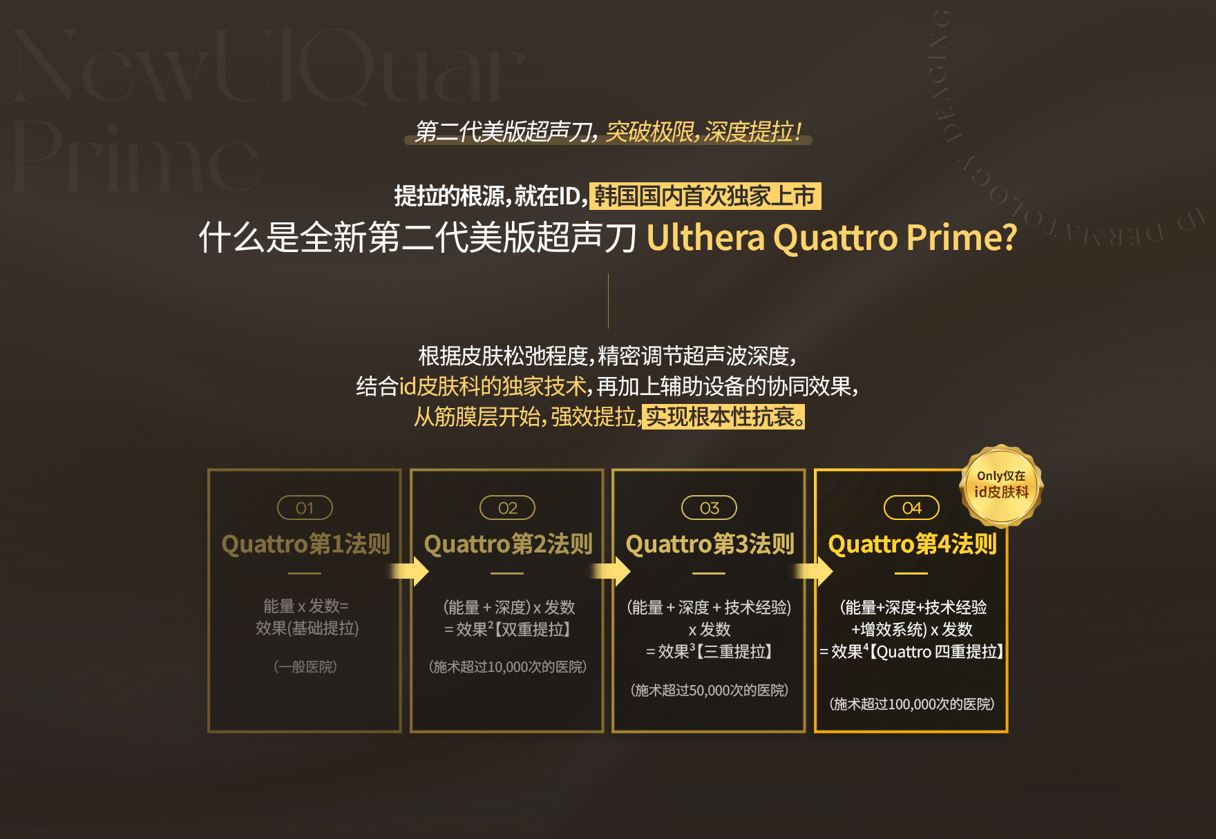 id皮肤科推出的New Ulthera Quattro Prime采用四段深度超声波技术，精准作用SMAS层实现非手术式提拉。